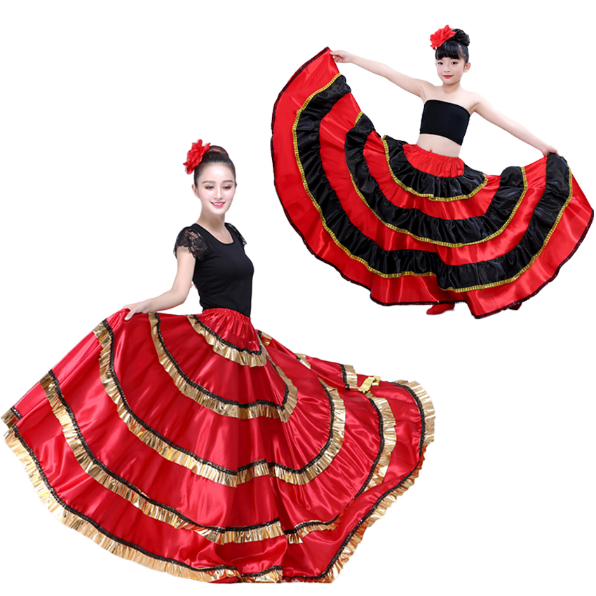 성인 키즈 여성 스페인어 플라멩코 치마 여성 집시 소녀 밸리 댄스 의상 키즈 레드 블랙 스트라이프 빅 스윙 드레스